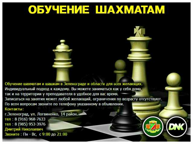 Предложение: Обучение, уроки игры в шахматы и шашки.